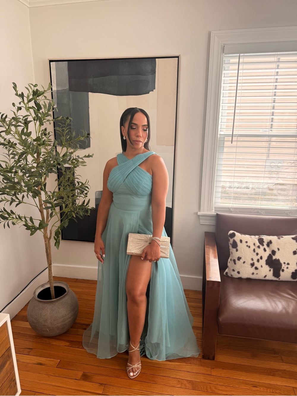 Betsy & Adam Sea Foam Blue Organza Halter Neck Sleeveless Gown